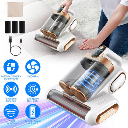 US Local 1Pc Mattress Vacuum Cleaner 16Kpa Bed Vacuum Cleaner Handheld Vacuums With Ultrasonic And UVC Light 18000 RPM Brushroll Rotation Dual Dust Bins Washable Filters For Bed Pillows Cribs Sofa