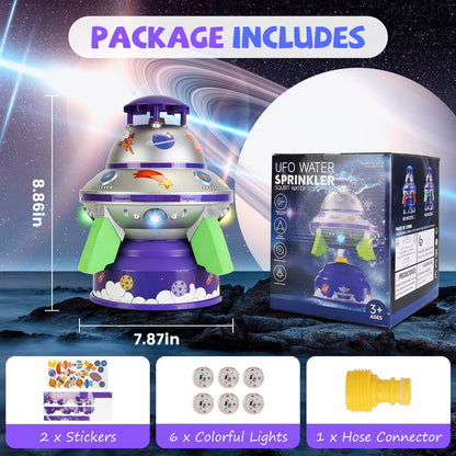 US Local 1Set UFO Water Sprinkler Outdoor Summer Rocket Toy With Colorful LED Lights 360Degree Spinning 1.64FT To 6.56FT Adjustable Height Birthday Summer Gift For Girls Boys Aged 3 Years Old