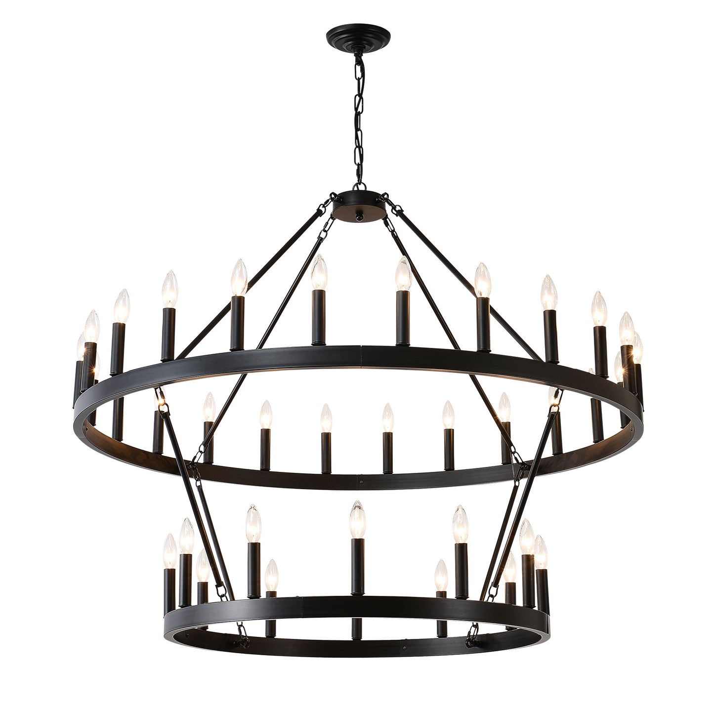 US Local 2 Tiers Wagon Wheel Chandelier Wooden Farmhouse 36-Light Black Metal Chandeliers 2-Story Light Fixtures Industrial For High Ceiling Living Dining Room Foyer. Adjustable Height