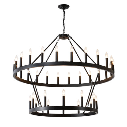US Local 2 Tiers Wagon Wheel Chandelier Wooden Farmhouse 36-Light Black Metal Chandeliers 2-Story Light Fixtures Industrial For High Ceiling Living Dining Room Foyer. Adjustable Height