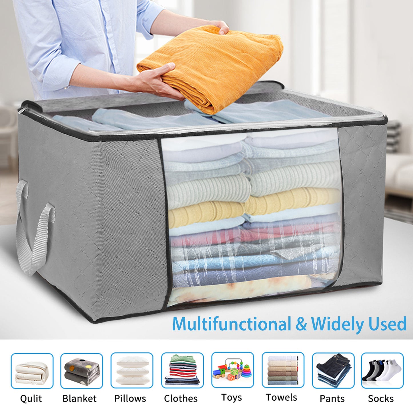 US Local 2Pcs Clothes Storage Bag 90L Per Bag With Thick Fabric Clear Window Dual-Zipper For Clothes Comforters Blankets Bedding