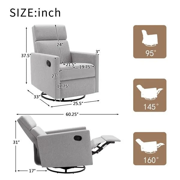 US Local Modern Upholstered Rocker Nursery Chair Plush Seating Glider Swivel Recliner Chair, Gray