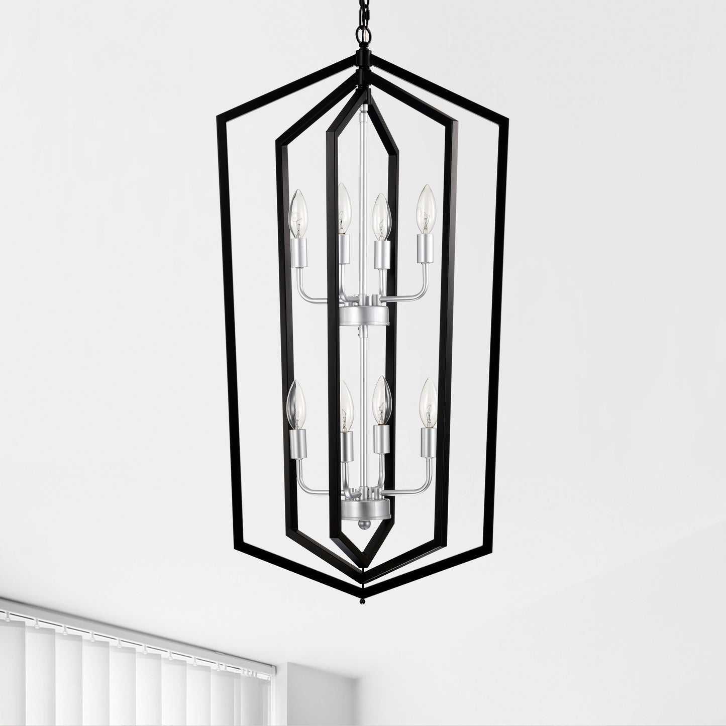 US Local 8-Light Farmhouse Kitchen Chandeliers, Matte Black And Sliver Vintage Rustic Cage Light Fixture Adjustable Height Chandeliers For Dining Room Hallway Foyer Entryway E12 Bulbs Not Included