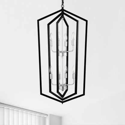 US Local 8-Light Farmhouse Kitchen Chandeliers, Matte Black And Sliver Vintage Rustic Cage Light Fixture Adjustable Height Chandeliers For Dining Room Hallway Foyer Entryway E12 Bulbs Not Included