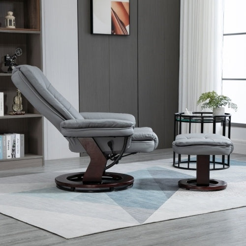 UK Local HOMCOM Recliner Chair With Footstool, Recliner Armchair Up To 130kg Weight Capacity, 135 Reclining Swivel Sofa Chair, PU Leather Ergonomic Couch Bed With Swivel Wood Base For Living Room, Grey