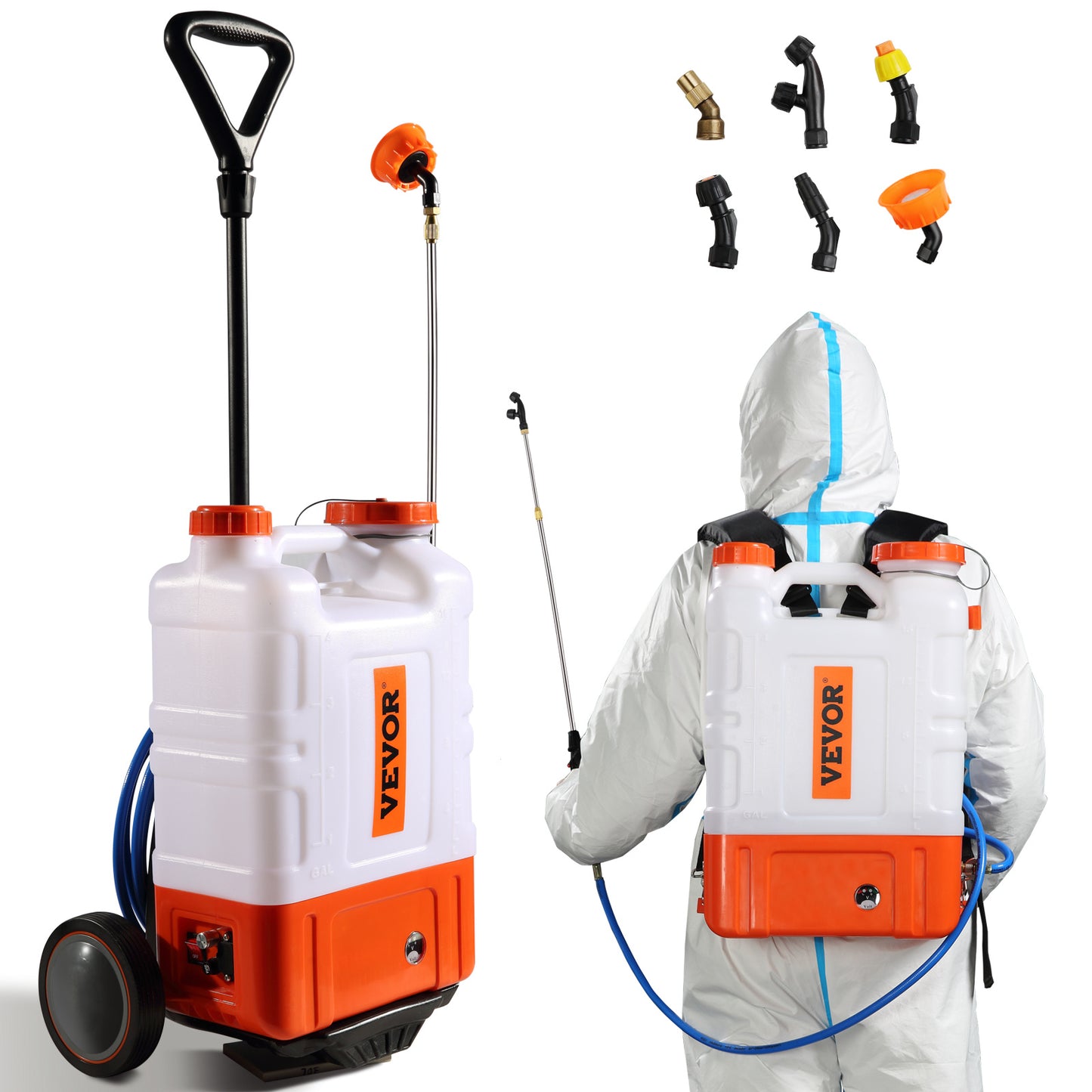 US Local VEVOR Battery Powered Backpack Sprayer With Cart, 0-94 PSI Adjustable Pressure, 4 Gallon Tank On Wheels, With 8 Nozzles And 2 Wands, 12V 7.2Ah Battery, Wide Mouth Lid For Weeding, Spraying, Cleaning