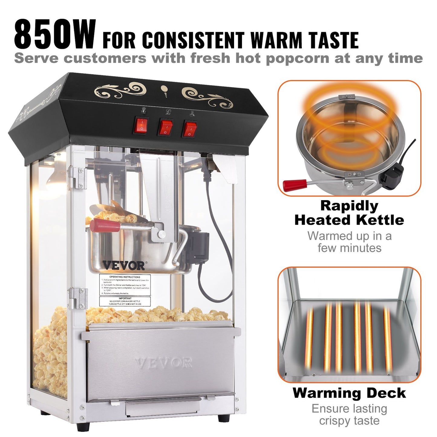 US Local Popcorn Popper Machine Countertop Popcorn Maker 850W 8 Oz 48 Cups Black