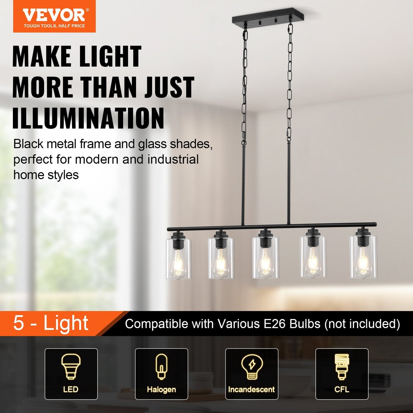 US Local VEVOR 5-Light Kitchen Island Pendant Lights 60W Adjustable Dining Room Light E26