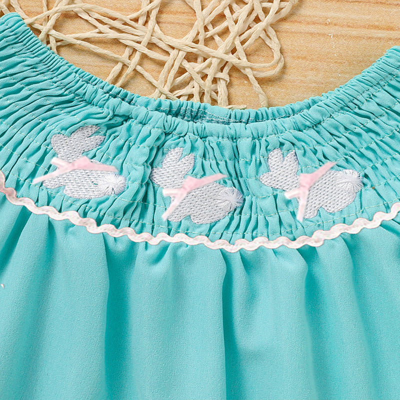 US Local Toddler Girl's Bunny Dress Bow Headband Ruffle Sleeve Smocked Dress With Rabbit Embroidery For Summer