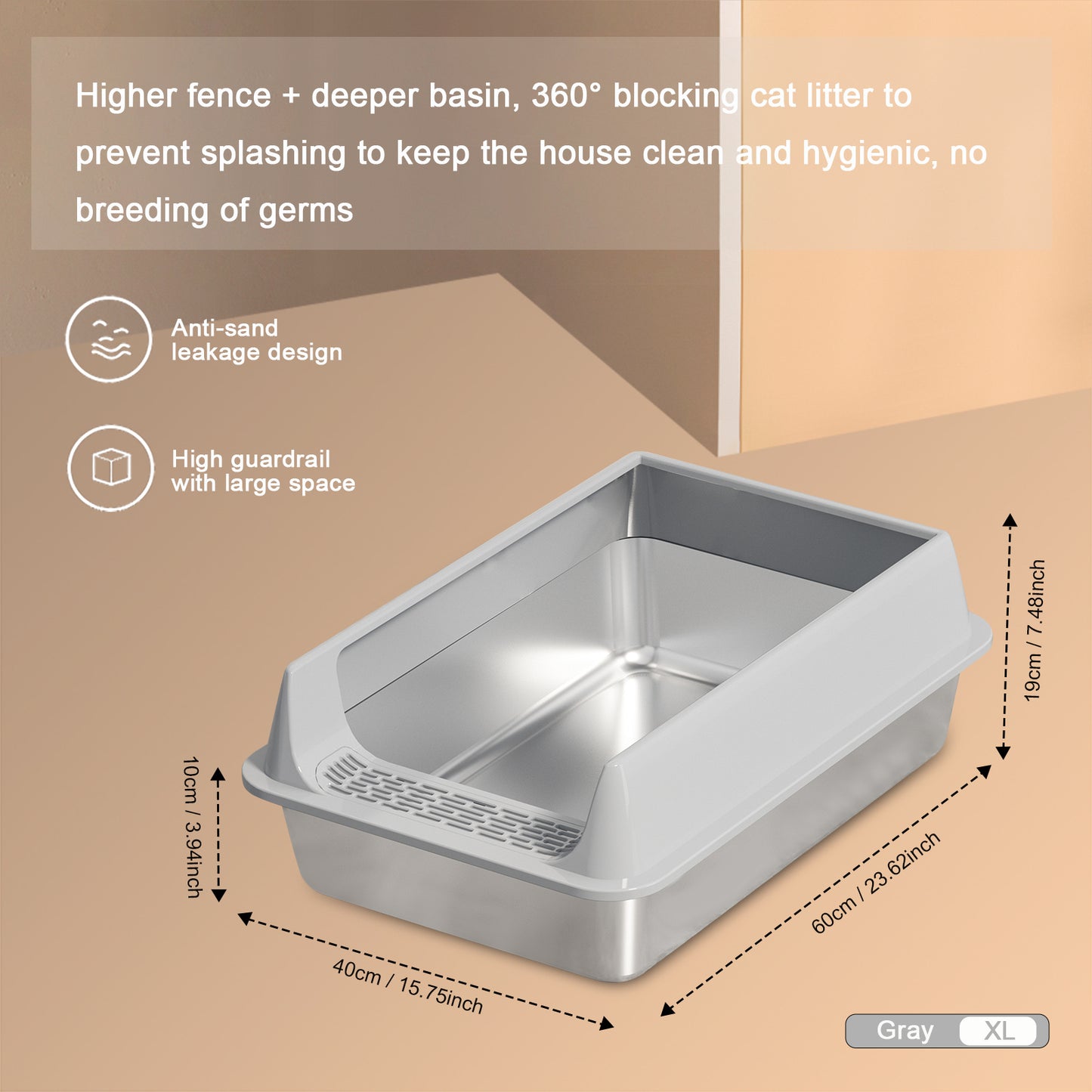 US Local Oversized Stainless Steel Litter Box, Semi-enclosed Splash-proof And Leak-proof Design, Removable Lid, Suitable For Big Cats, And More