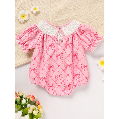 US Local Baby Girl's Bowknot Graphic Print Romper, Daddy's Girl Letter Print Triangle Jumpsuit With Bubble Sleeves