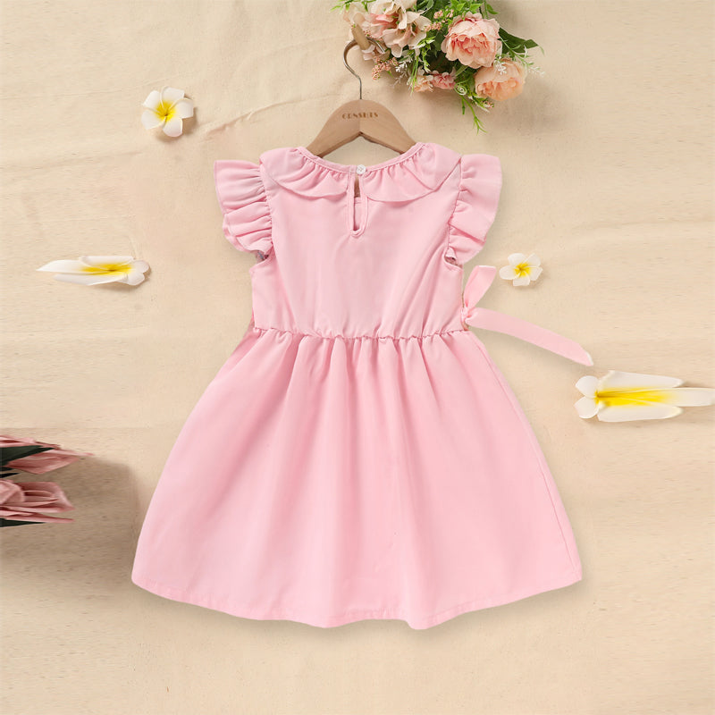 US Local Toddler Girl's Pink Ruffle Sleeve Dress Letter Embroidery & Bow Detail With Back Button Closure