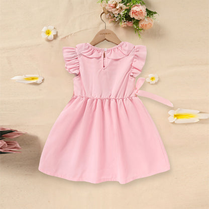 US Local Toddler Girl's Pink Ruffle Sleeve Dress Letter Embroidery & Bow Detail With Back Button Closure