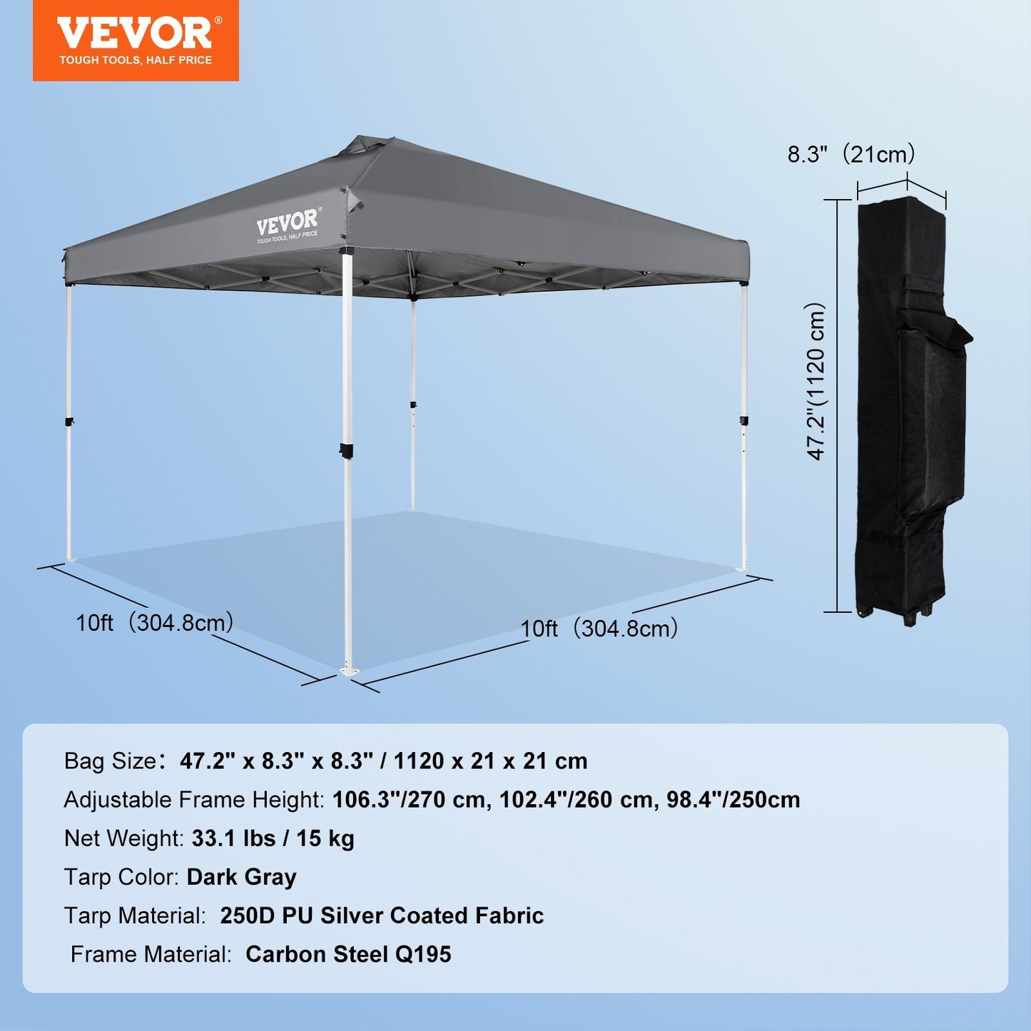 US Local VEVOR Pop Up Canopy Tent, 10 X 10 Ft, 250 D PU Silver Coated Tarp, With Portable Roller Bag And 4 Sandbags, Waterproof And Sun Shelter Gazebo For Outdoor Party, Camping, Commercial Events, Dark Gray