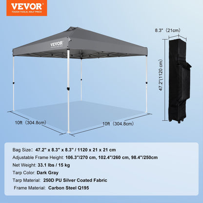 US Local VEVOR Pop Up Canopy Tent, 10 X 10 Ft, 250 D PU Silver Coated Tarp, With Portable Roller Bag And 4 Sandbags, Waterproof And Sun Shelter Gazebo For Outdoor Party, Camping, Commercial Events, Dark Gray