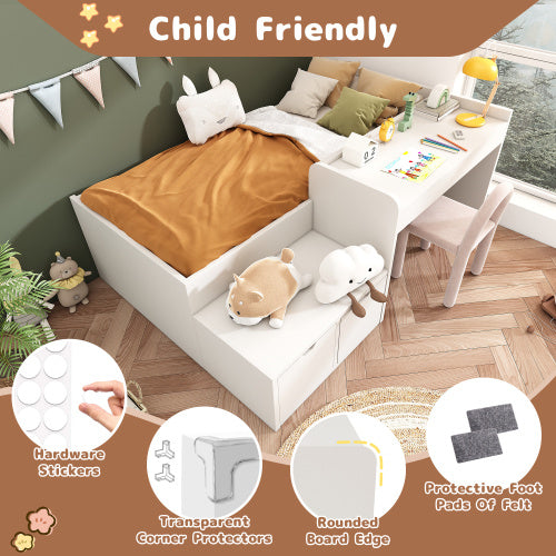 UK Local Kids Single Bed With Desk And Drawers, 90 X190 Cm, White, 3ft Kids Wooden Bed With Storage, Single Bed With Slatted Frame, Lying Surface For Teenagers & Adults
