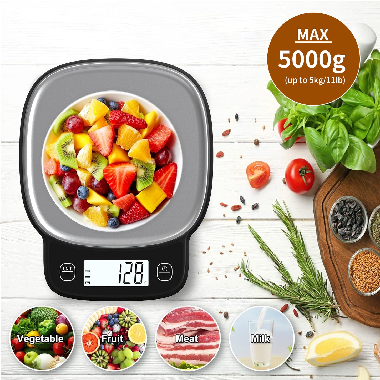 US Local High Precision 0.1g Digital Kitchen Scale - Capacity 5kg, 304 Stainless Steel Surface, Multi-function LCD Display, One-click Peeling