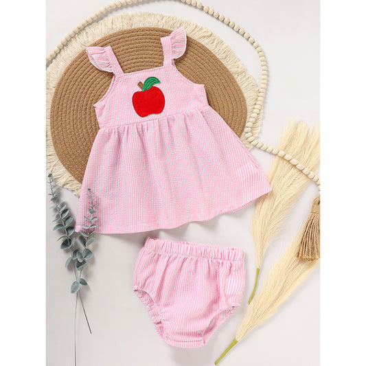 US Local Kids Baby Girl Back To School Outfit, First Day Of School, Summer Ruffle Sleeves Applique Top & Shorts Set