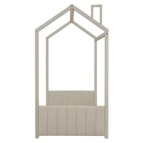 US Local Twin Size Velvet House Bed Wood Bed, Beige