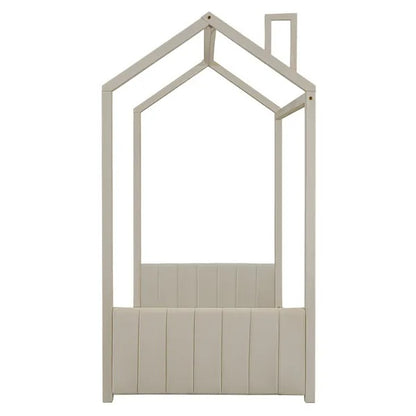 US Local Twin Size Velvet House Bed Wood Bed, Beige