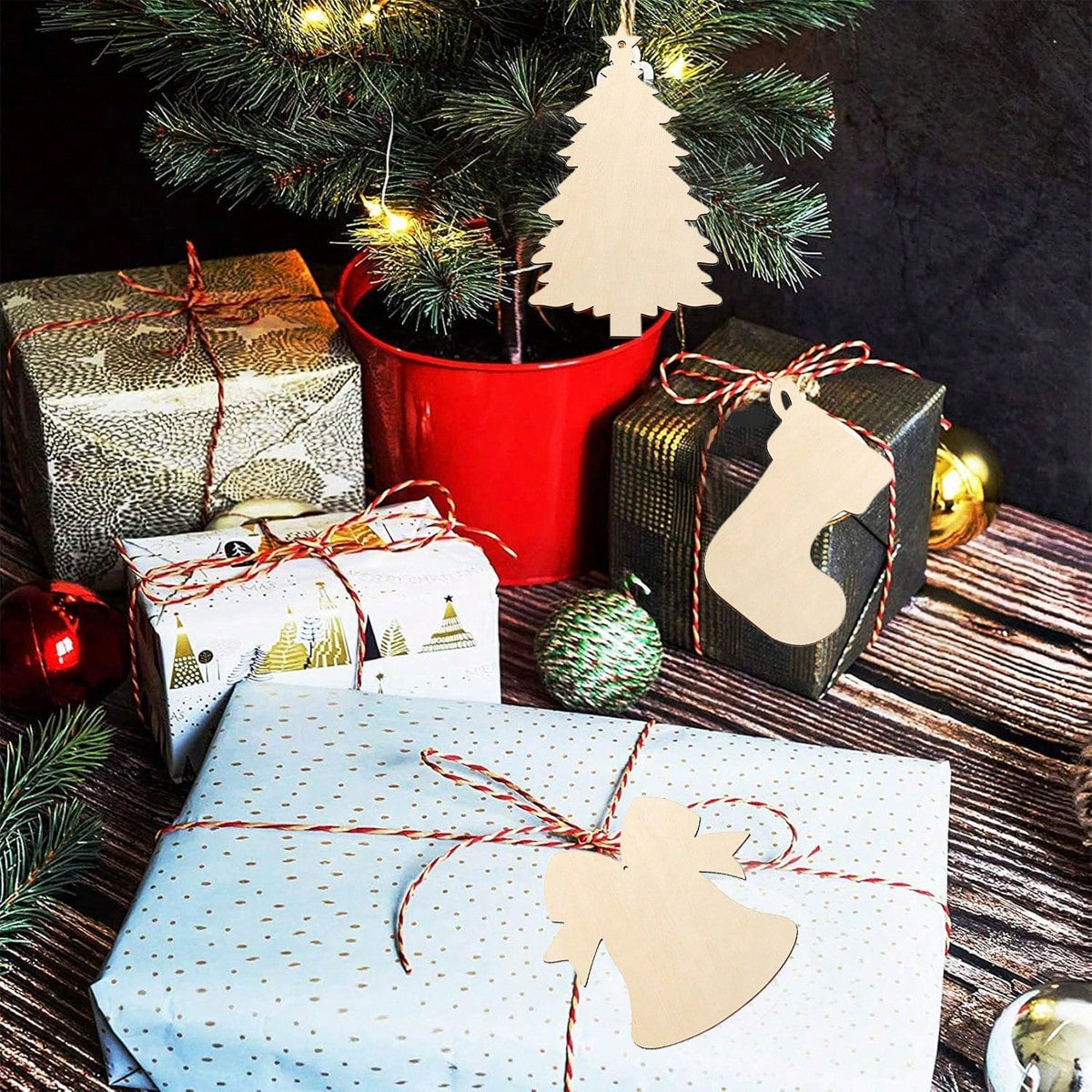 US Local 20 Pcs Wooden Christmas Ornaments Unfinished Wood Slices For Crafts In 4 Styles DIY Wooden Christmas Ornaments Hanging Decorations For DIY Craft And Holiday Decoration