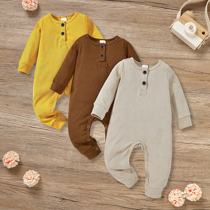 US Local 3-Pack Newborns Infants Baby Boys & Girls Long Sleeve Ribbed Romper Soft Button Front Jumpsuit