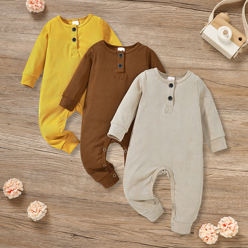 US Local 3-Pack Newborns Infants Baby Boys & Girls Long Sleeve Ribbed Romper Soft Button Front Jumpsuit