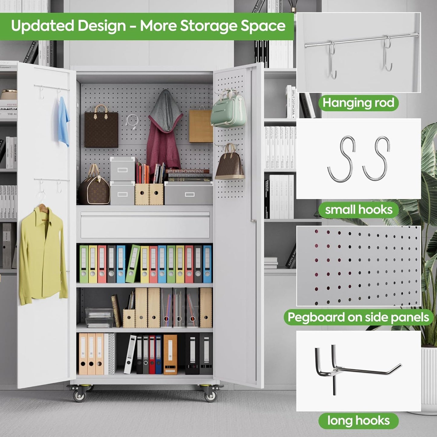 US Local Metal Garage Storage Cabinet With Wheels And Doors,Rolling Tool Cabinet With Pegboard,Rod And Drawer For Garage Warehouse Home,Required Assembly,Grey And White