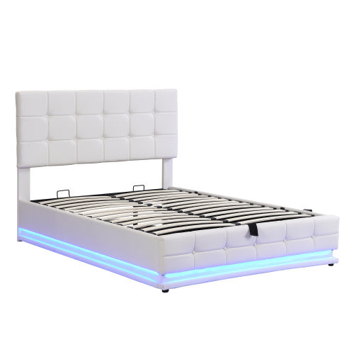UK Local Ottoman Double Bed With LED Lighting, PU Leather Upholstered Bed With Hydraulic Storage, 4ft6 Double Bed Frame With Adjustable Button Tufted Headboard, Cream White No Mattress