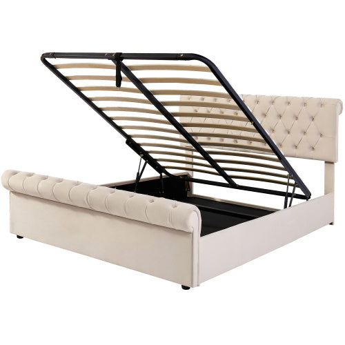 UK Local Upholstered Bed 5ft,150x200, 5ft King Bed, Luxurious Velvet Button-Tufted Sleigh Bed Storage, Functional Bed With Slatted Frame And Storage, Beige