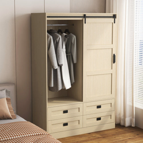 US Local Tall Bedroom Armoire Wardrobe Closet Clothing Storage Cabinet With Hanging Rod Barn Door Drawers Open Shelves