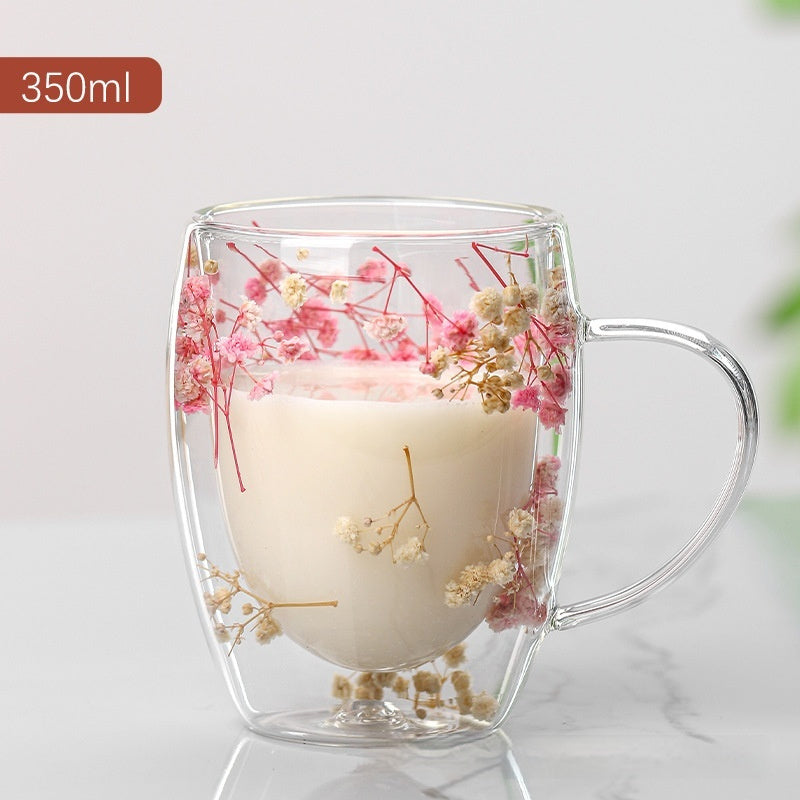 Real Flower Double Layer Glass Cup Good-looking Starry Sky