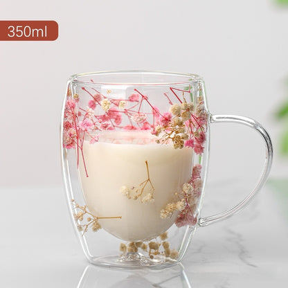 Real Flower Double Layer Glass Cup Good-looking Starry Sky