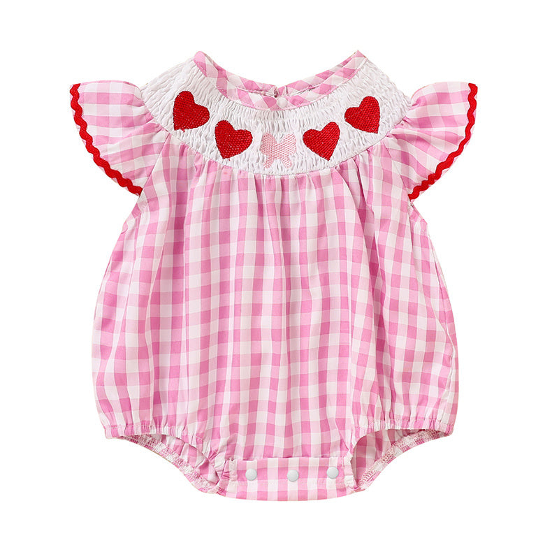 US Local Newborn Baby Girls' Valentine's Day Smocked Romper Ruffle Sleeve Plaid Heart Embroidery Jumpsuit Casual Cute Romper