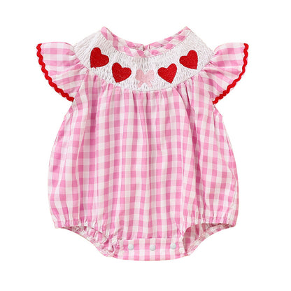 US Local Newborn Baby Girls' Valentine's Day Smocked Romper Ruffle Sleeve Plaid Heart Embroidery Jumpsuit Casual Cute Romper