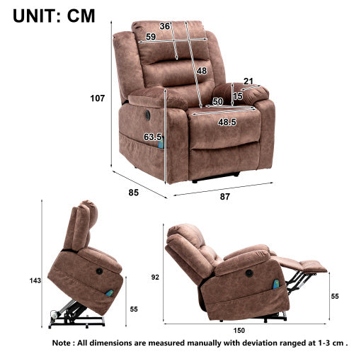 UK Local Electric Power Lift Recliner Chair Sofa With Massage And Heat For Elderly 2 Side Pockets USB Ports Single Recliner Chairs For Living Room Overstuffed Breathable Fabric Reclining
