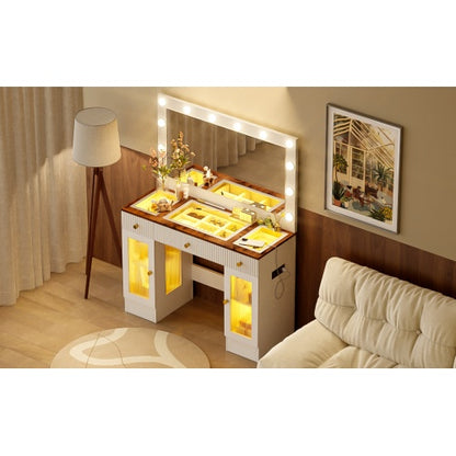 US Local 43.3 Vanity Desk With Large Mirror And Hollywood Bulbs, Modern Glass Top Makeup Vanity With Drawers And Power Outlet, Large Dressing Table With 3 Color Lighting Modes & RGB Cabinets For Bedroom