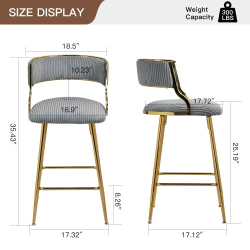 US Local SET OF 2,26 Counter Height Bar Stools Corduroy Kitchen Island Counter Bar Stool With Back,golden Chromed Base And Footrest