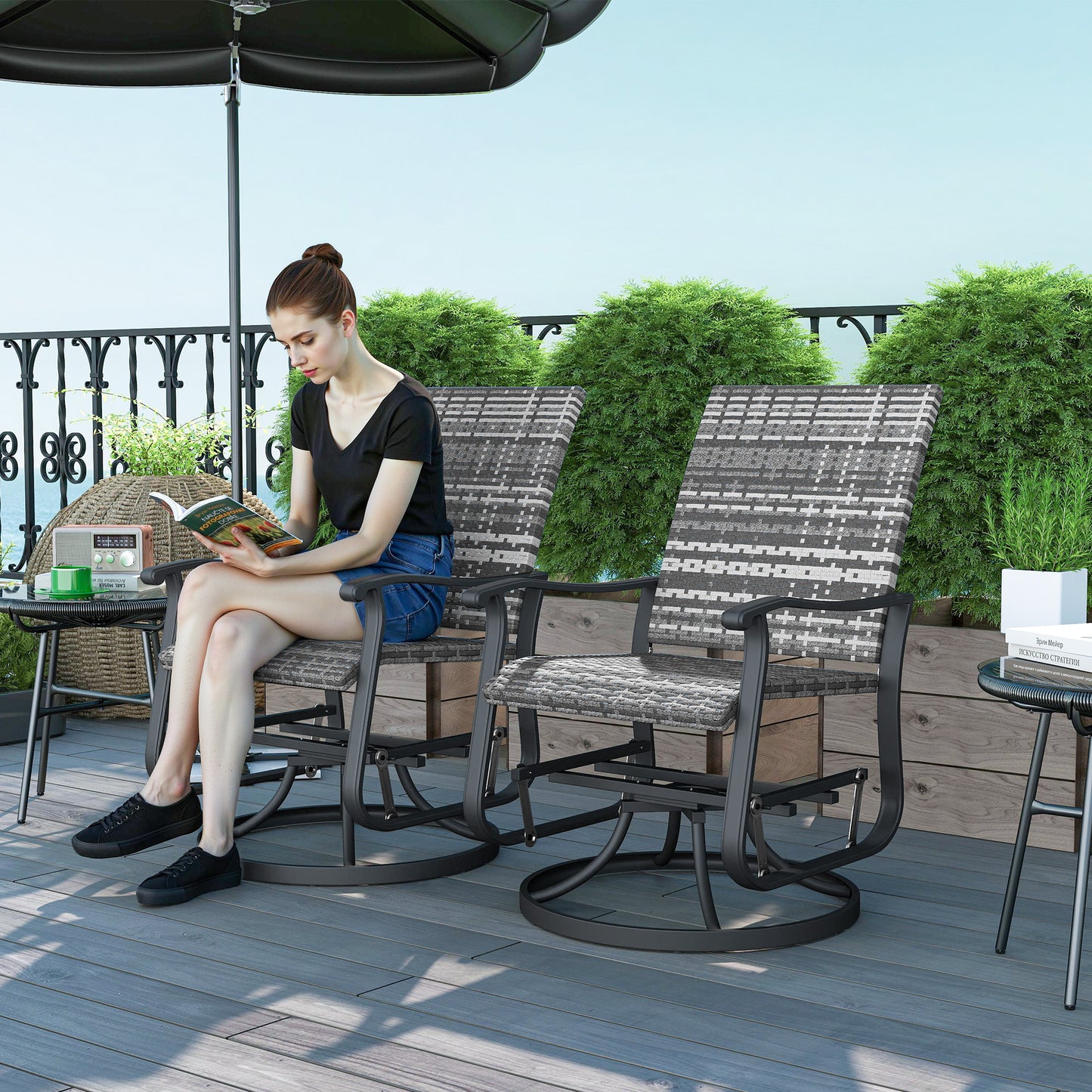 Wicker Rattan Swivel Patio Glider Chair Set Of 2, Outdoor Glider Chair With Steel Frame, High Back, Gray
