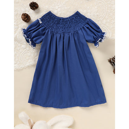 US Local Toddler Infant Girl Christmas Santa Embroidery Short Sleeve Princess Party Dress Smocked Baby Girl Clothes