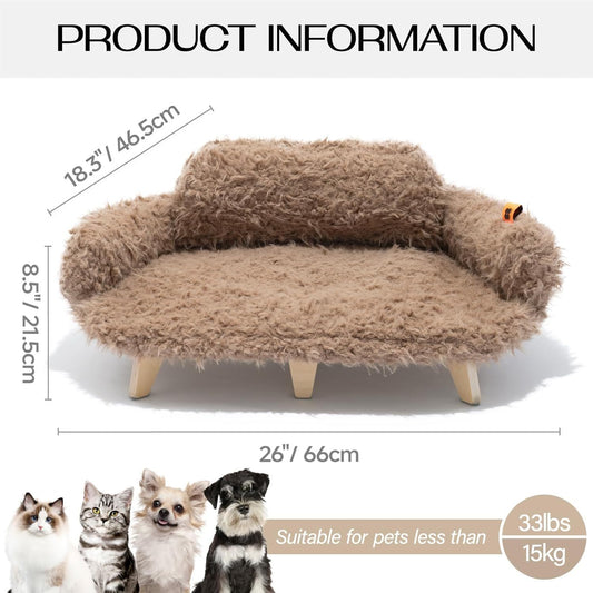 MEWOOFUN Elevated Cat Bed With Washable Cover - 26x18.3x8.5 Inch Wooden Pet Sofa For Cats & Small Medium Dogs, Modern Pet Furniture Brown
