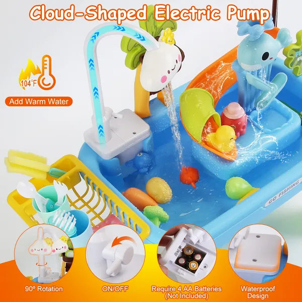 US Local 3 In 1 Kitchen Sink Toy With Electric Faucet Water Table Fishing Game Role Play Sink Set Indoor Outdoor For Kids Aged 3+ Years Old GPCT5464