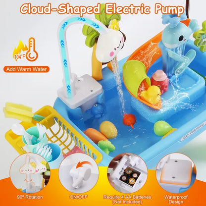 US Local 3 In 1 Kitchen Sink Toy With Electric Faucet Water Table Fishing Game Role Play Sink Set Indoor Outdoor For Kids Aged 3+ Years Old GPCT5464
