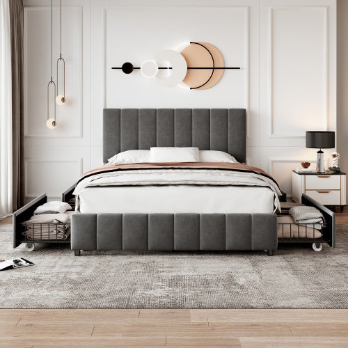 UK Local 4ft6 Double Upholstered Bed With 4 Storage Drawers, Velvet Platform Bed Frame With Adjustable Channel Tufted Headboard, Metal-Wood Support, No Box Spring Needed, Easy Assembly, Grey No Mattress