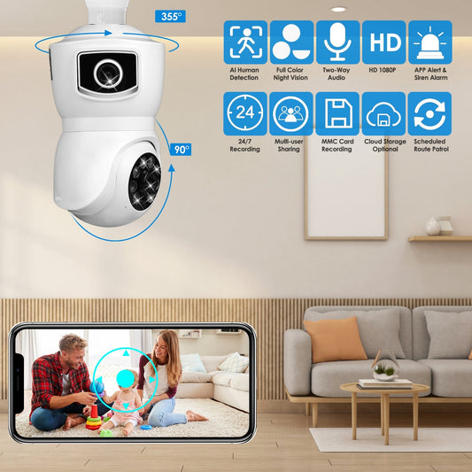 US Local 1 Pc Dual Lens Security Camera E27 Light Socket Surveillance Camera 1080P WiFi IP Camera With APP Control AI Human Detection Full Color Night Vision Two-Way Audio