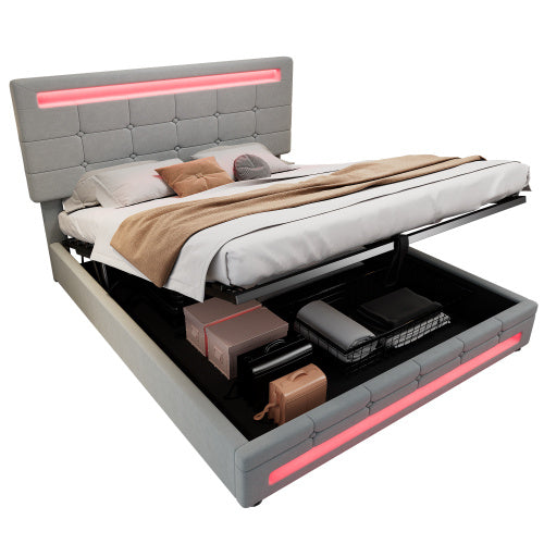 UK Local Upholstered Bed, Hydraulic Bed, Adults Teenagers 4ft6 Double Bed 135x190cm, Square Embellishment, With 7colors LED-light Strips, Velvet Iron, Grey