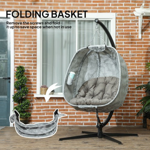 UK Local Outsunny Hanging Egg Chair Outdoor Indoor Garden Swing Chair With Folding Basket, Garden Hanging Chair With Stand, Thickened Cushion, Cup Holder For Patio, Balcony