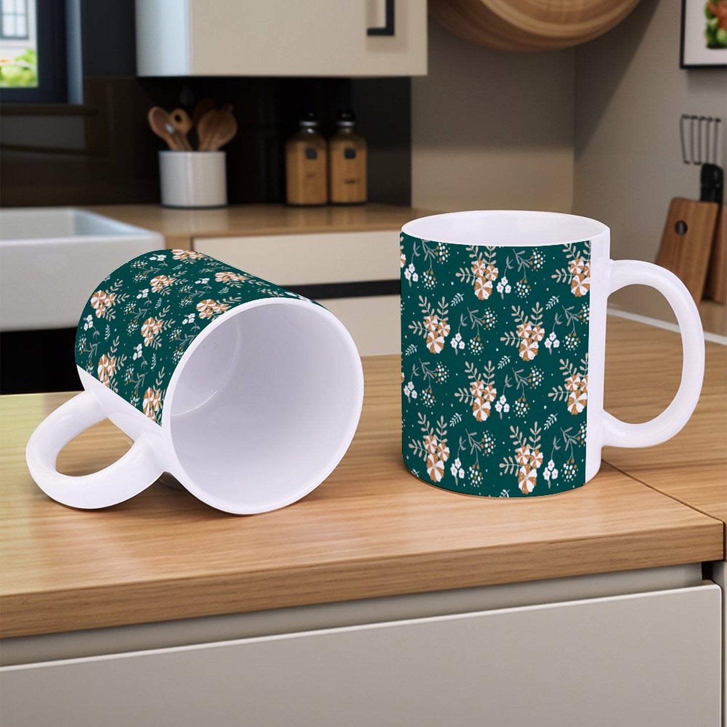 POD US Local White mug with full print, Christmas, Flowers, Green 0096