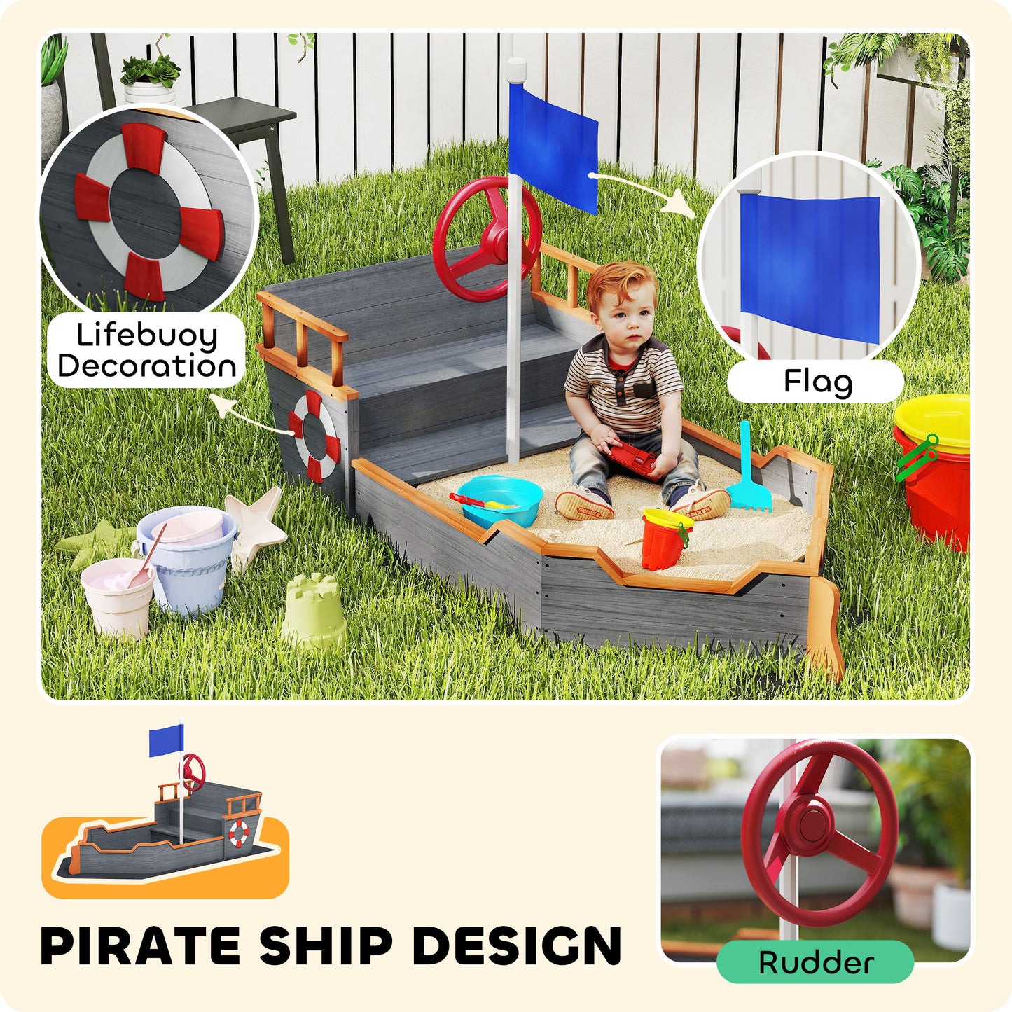 US Local Kids Wooden Sandbox Pirate Ship Sandboat W Bench Seat Storage Space Ceder Wood, Gray