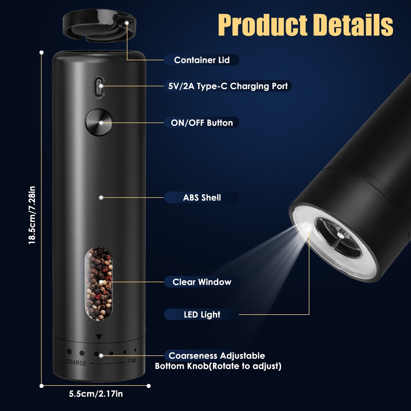 US Local 1Pc  Electric Pepper Grinder USB Rechargeable Pepper Mill Automatic Salt Grinder With 6 Adjustable Coarseness LED Light 110ML Container One Hand Operation For Kitchen Essential